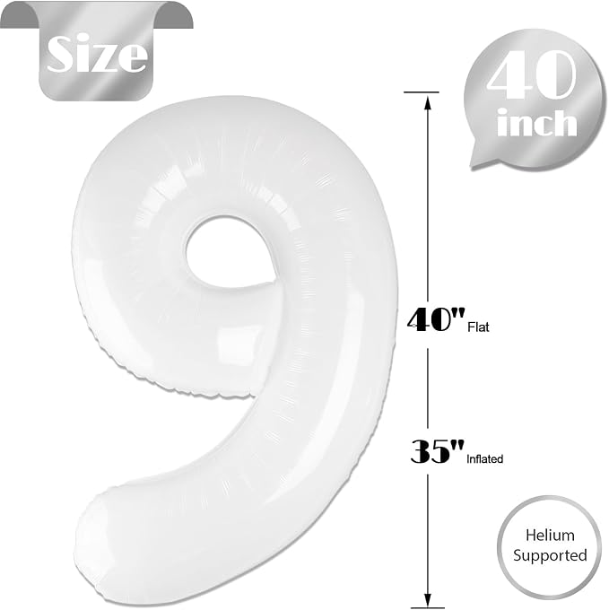 White Number 9 Balloon 40 Inch, 9th Birthday Party Decorations Men Women | Foil - Image 5