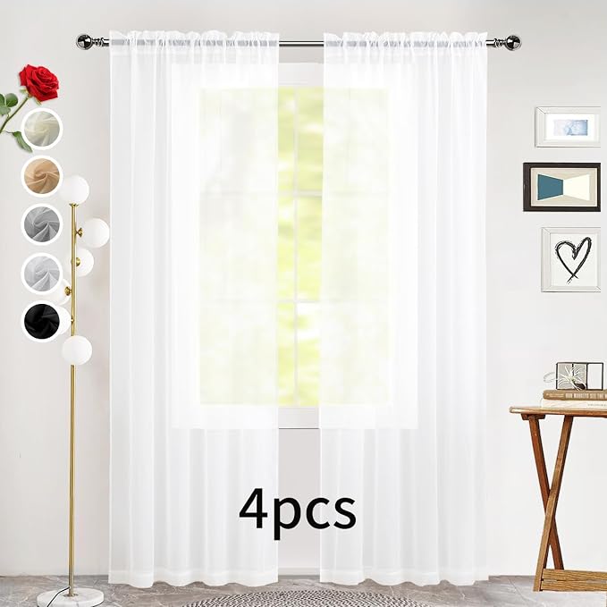 SpaceDresser Sheer White Curtains 4 Panels Rod Pocket Semi-Sheer Curtain 45 - Image 2