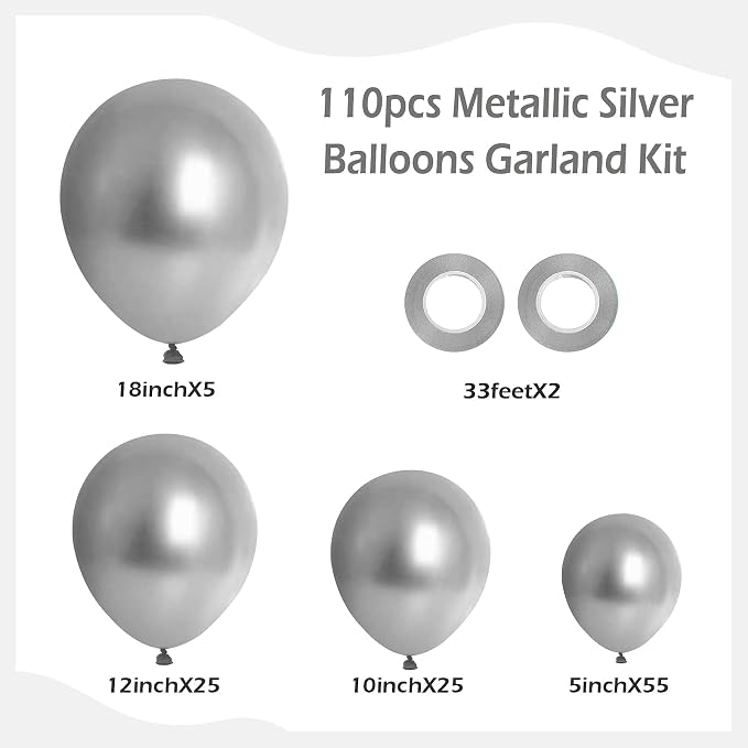 FOTIOMRG 110pcs Metallic Silver Balloon Garland Arch Kit, 18 12 10 5 inch - Image 2
