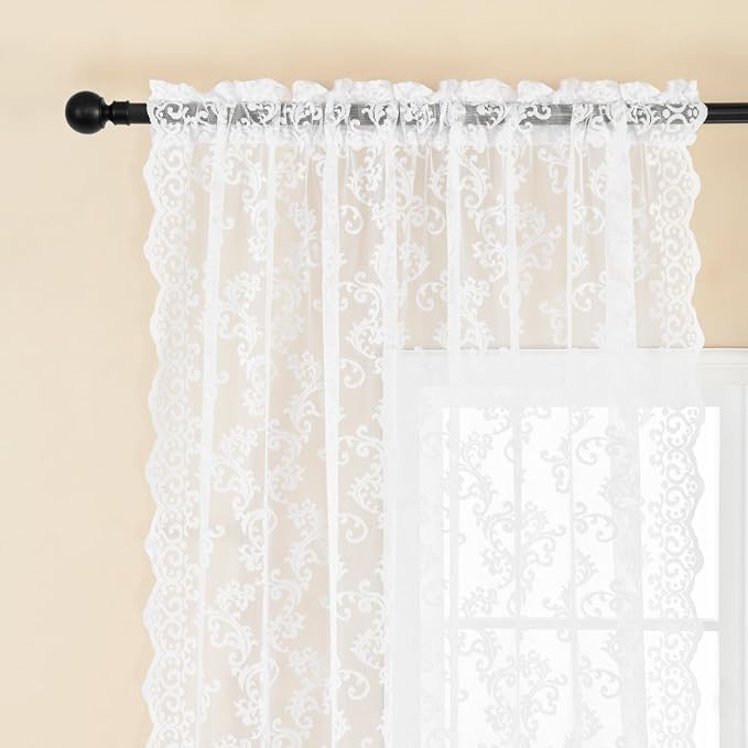 White Lace Curtains 45 Inch Length 2 Panels set Victorian Floral Sheer Curtains - Image 3