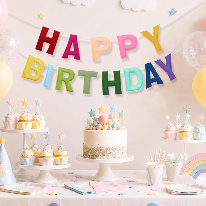 Felt Happy Birthday Banner, Pre-Strung 3D Birthday Rainbow Garland Banner | - Image 2