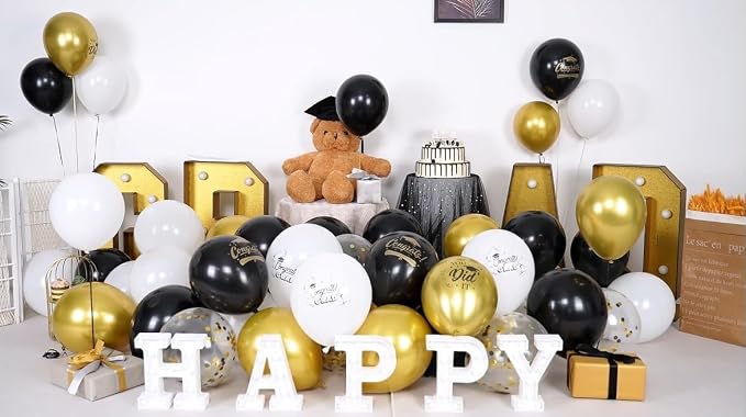 Paready Graduation Balloons Set, 12 Inch Metallic Black Gold White Confetti - Image 7