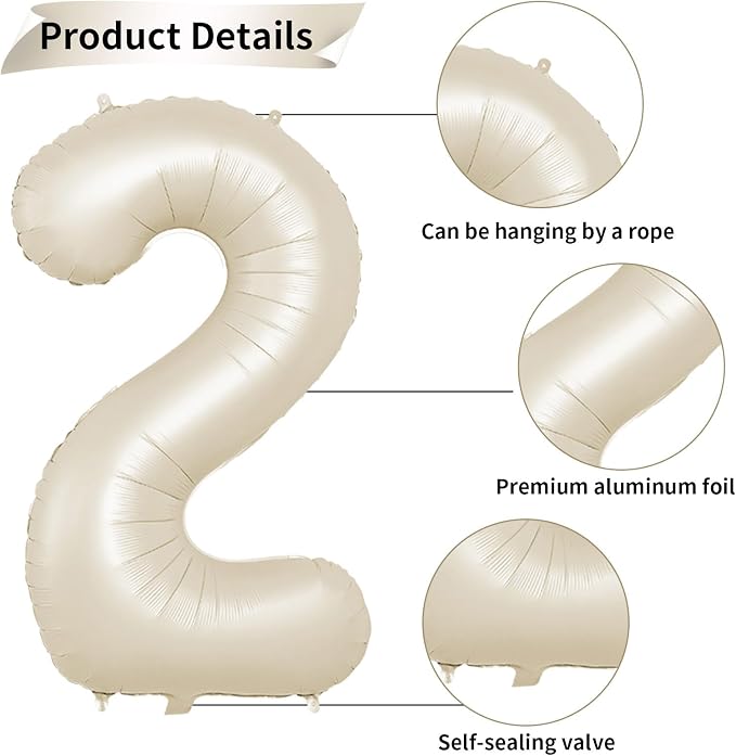 40 Inch Cream Number 2 Balloon, Digital 2 Cream White Giant 2 Foil Balloon - Image 3