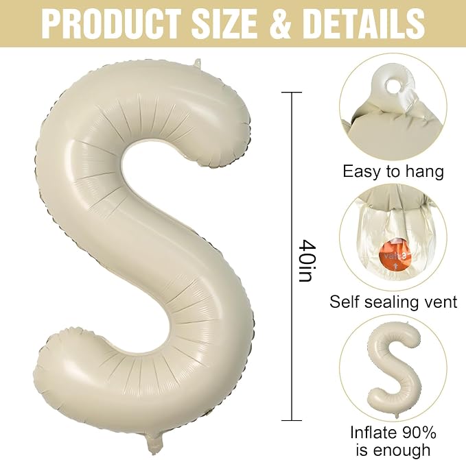 Cream S Letter Balloons, 40 Inch Letter S Balloon Beige, Helium Custom Letter - Image 2
