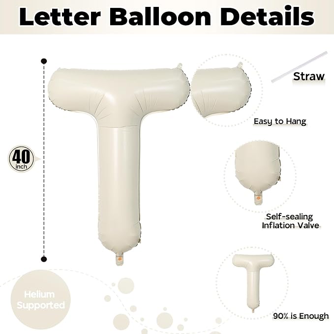 Cream Name Balloon Letters, Large Mylar Helium Alphabet T Custom Balloon Letter - Image 2