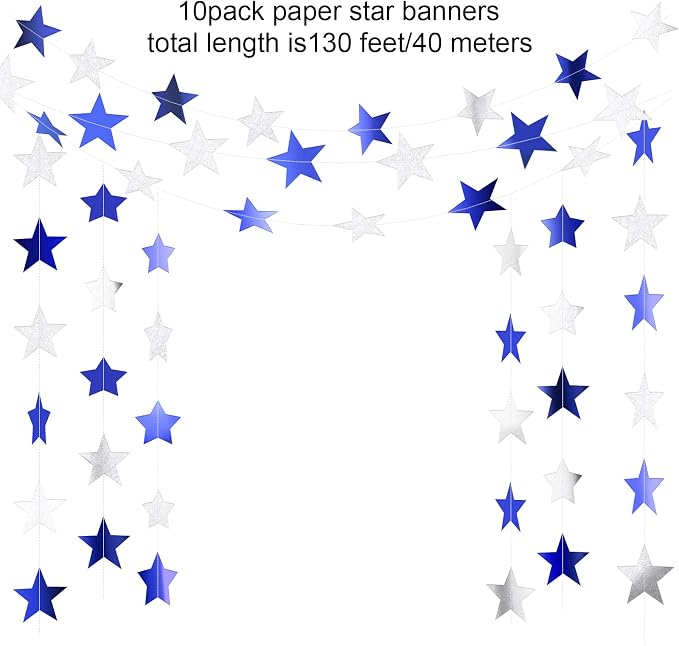 Patelai 130 ft Star Garland Banner Decor, Ocean Blue, Glitter Silver - Image 2
