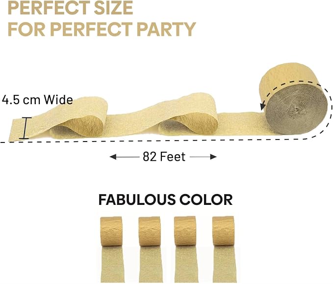 4 Gold Streamers, 328ft Pack of Crepe Paper Party Decorations | Each roll is 82 - Image 3