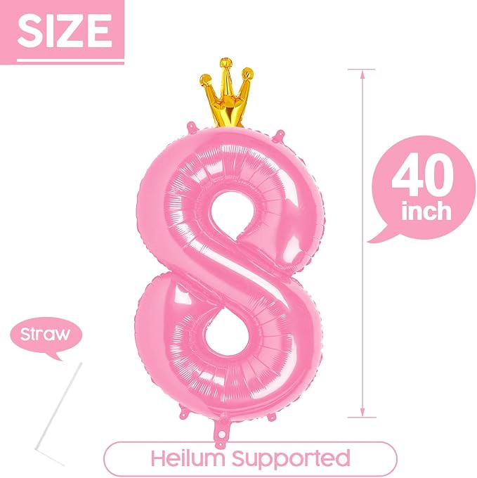 8 Balloon - Pink with Crown Birthday Number Balloons, 40 Inch Decorations | - Image 5