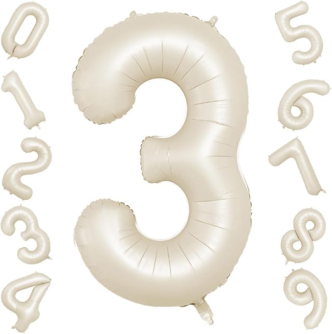 40 Inch Cream Number 3 Balloon, Digital 3 Cream White Giant 3 Foil Balloon by BIAPIAN