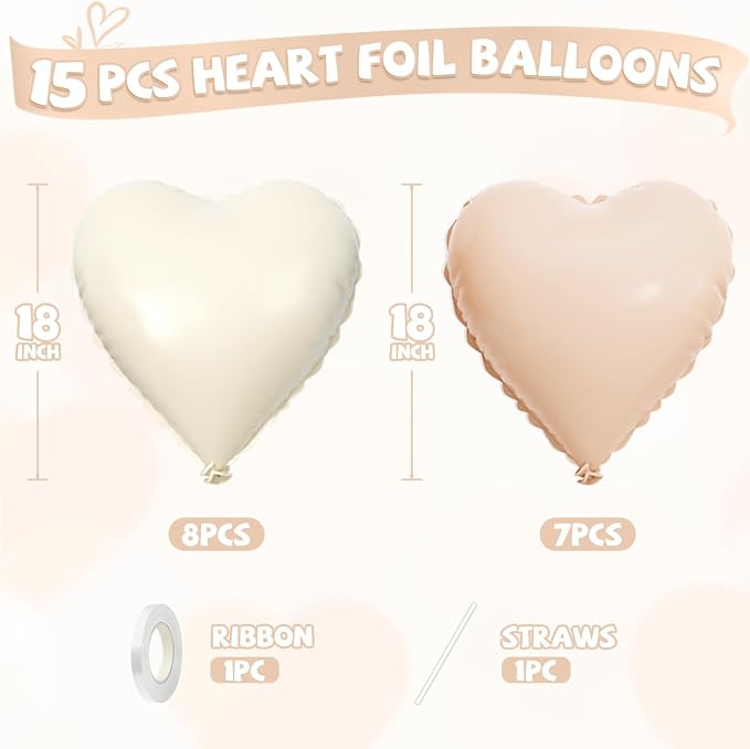Cream White Beige Heart Balloons, Retro Apricot Helium Balloon - Image 2