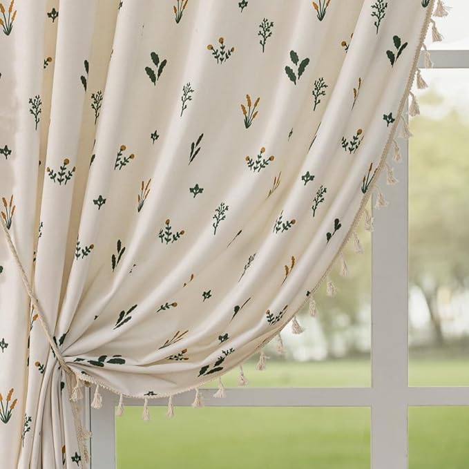 F-CHU Country Floral Curtains 72 Inch Length Cotton Linen Boho Window Curtain by F-CHU