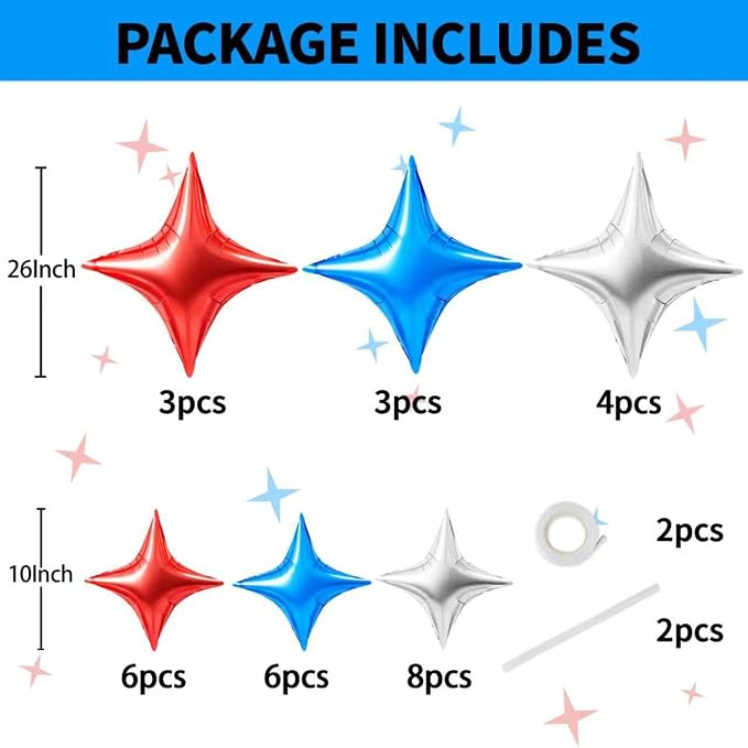 TONIFUL 30Pcs Four Pointed Star Balloon Blue Silver Red Foil Balloon | 26In & - Image 2