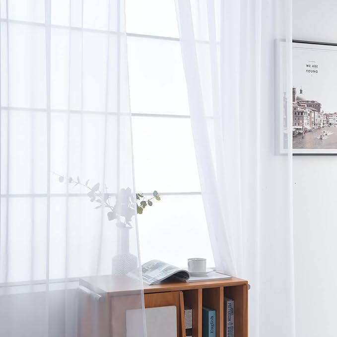 SpaceDresser Sheer White Curtains 4 Panels Rod Pocket Semi-Sheer Curtain 90 - Image 4