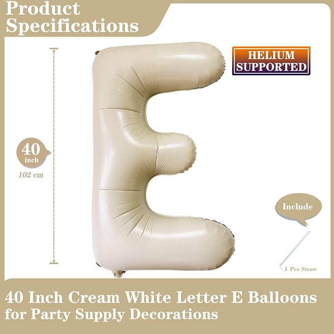 Lovoir 40 Inch Cream White Letter E Balloons, Unisex Adults, Wedding & Birthday - Image 2