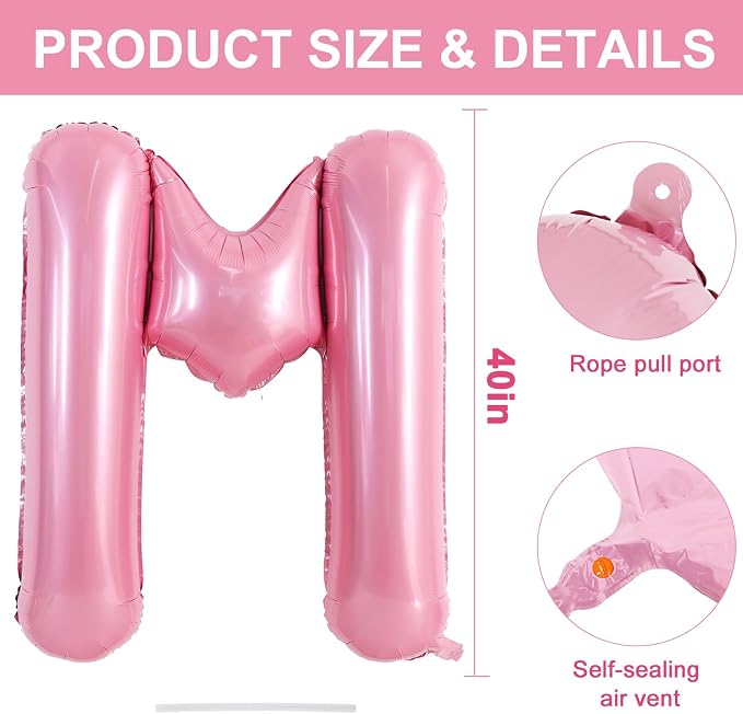 TONIFUL 40 Inch Large Pink Letter M Balloons Giant Foil Mylar Alphabet Balloon - Image 2