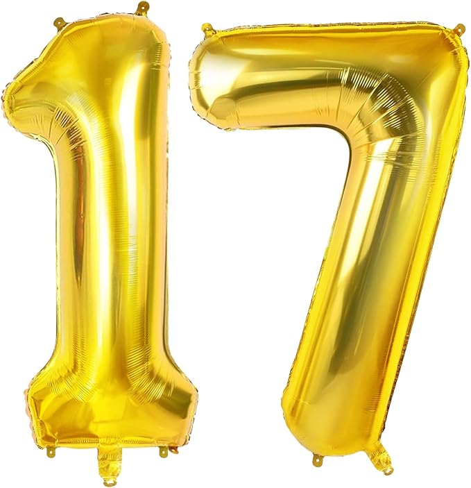 Number 17 Balloons for 17th Birthday Party Decorations, 0-100 Large Gold Foil by Joycard