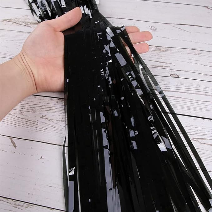 2 Pcs 3.2ft x 8.2ft Shiny Black Metallic Tinsel Foil Fringe Curtain Photo Booth - Image 3