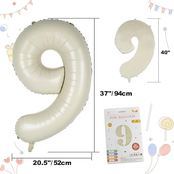 CARGEN 40 Inch Creamy White Number 9 Balloon Boho Neutral Party Decoration | - Image 3