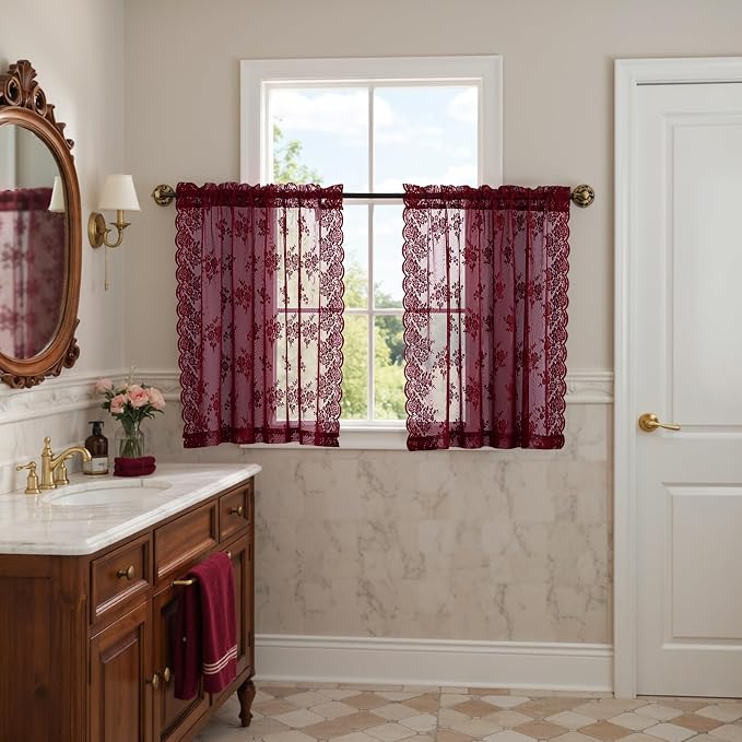 Kotile Short Burgundy Lace Curtains Rustic Floral W42 x L30 Inch, 2 Panels | - Image 5