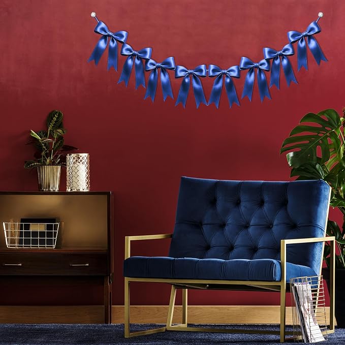 1 String of 8PCS Navy Blue Bow Garland Banner Decoration, Pre-Strung Satin - Image 6