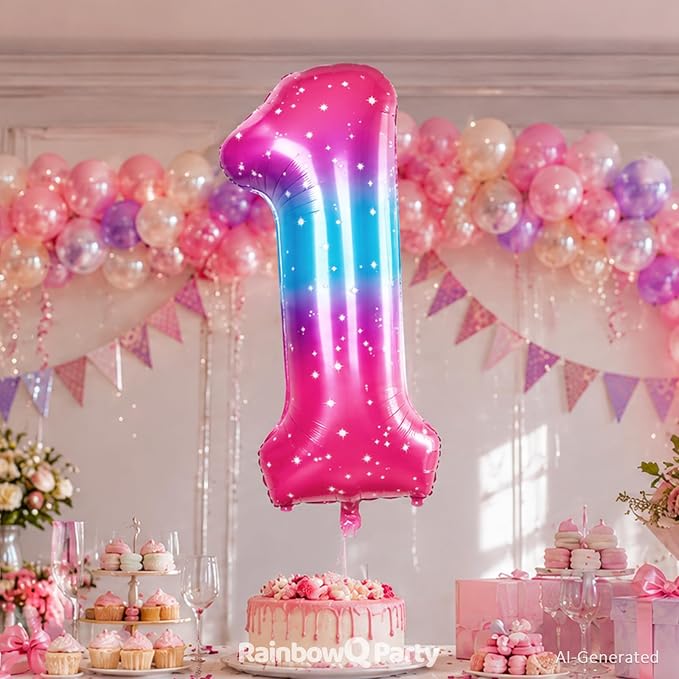 RainbowQ Blue Pink 1 Balloon Number 40 Inch Big 0-10 Foil Large Balloon | - Image 4