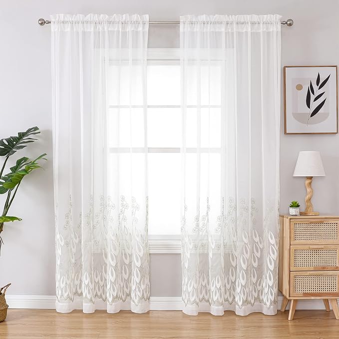 White Sheer Voile Curtains White Embossed Drip 54Wx84L Inch | Light Filtering - Image 2