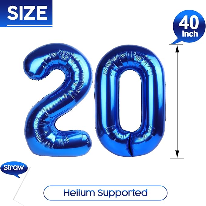 20 Balloon - Metallic Blue Birthday Number Balloons, 40 Inch Decorations | - Image 5
