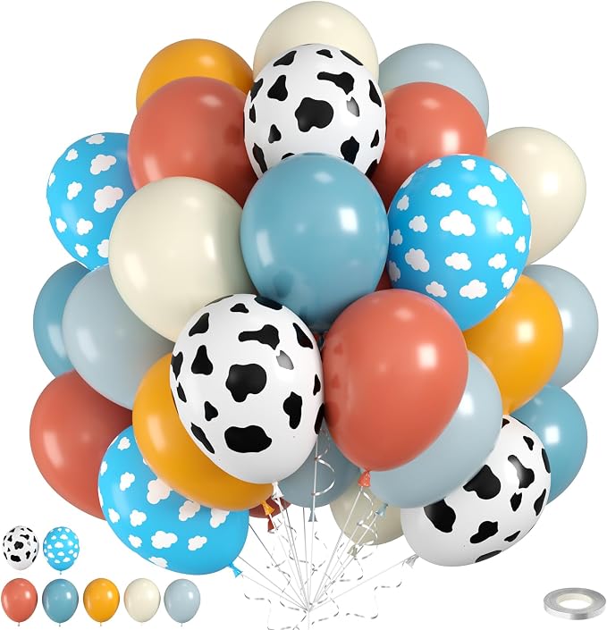 60pcs Cow Print Balloons, Farm Cow Balloons, Dusty Blue Yellow White Balloon by Saxuxu