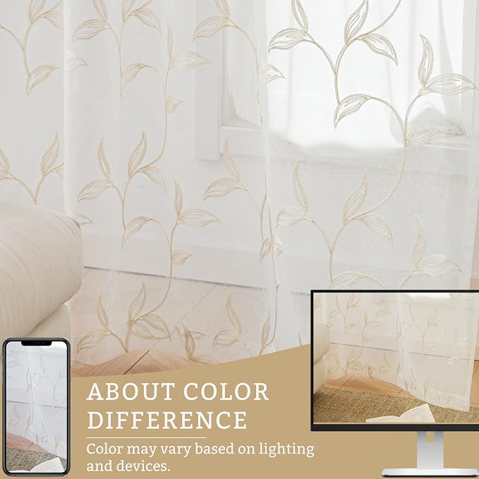 Sheer Kitchen Cafe Curtains Embroidered Leaf Pattern Beige 54x16 | Light - Image 7