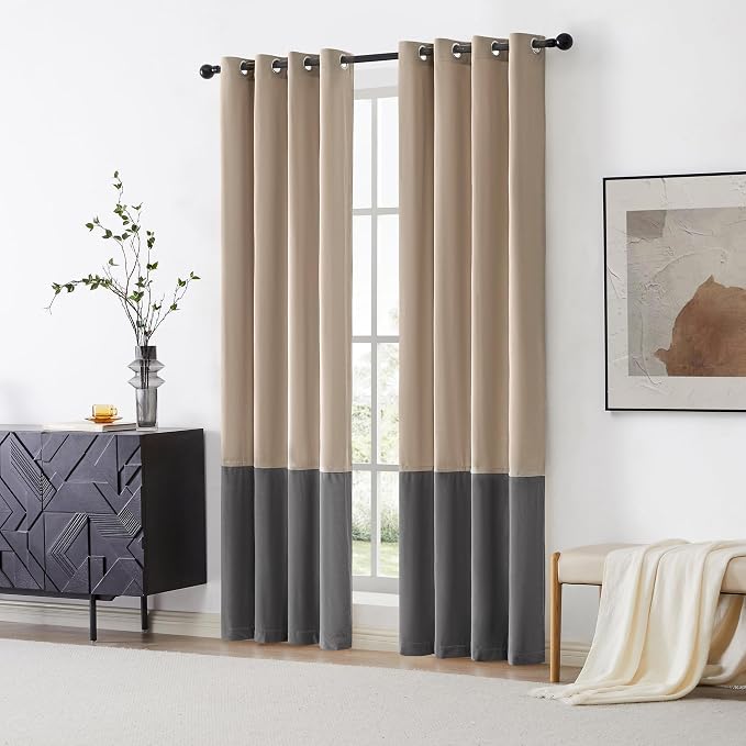 BULBUL Luxury Color Block Velvet Curtains 63 inch- Champagne Gray | Modern | - Image 7