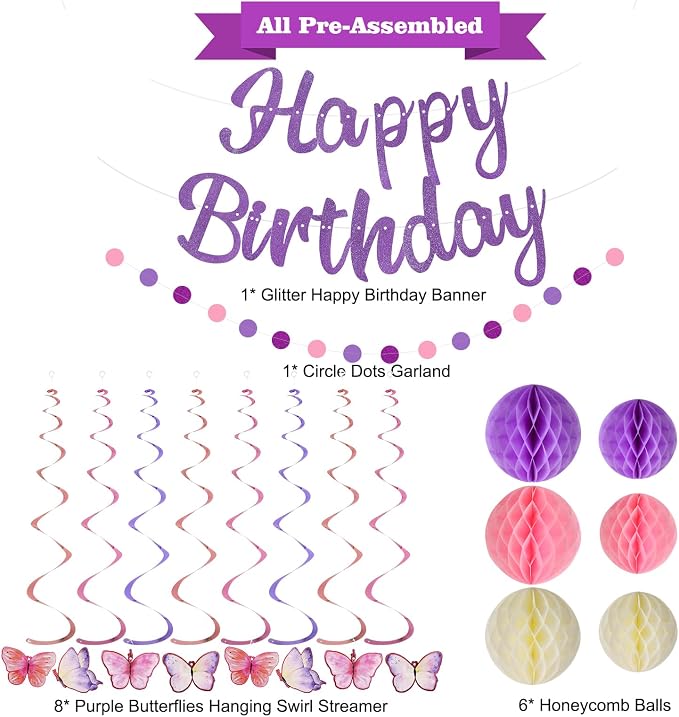 YEOCU Birthday Decorations, No DIY Pre-Strung Happy Birthday Banner | Purple - Image 2