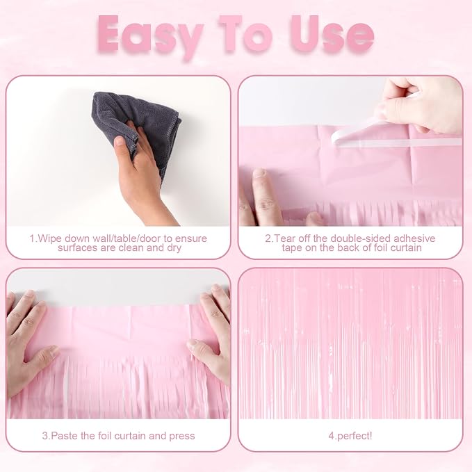 Voircoloria Pastel Pink Foil Fringe Backdrop Curtains, 2 Pack | Tinsel Streamers - Image 4