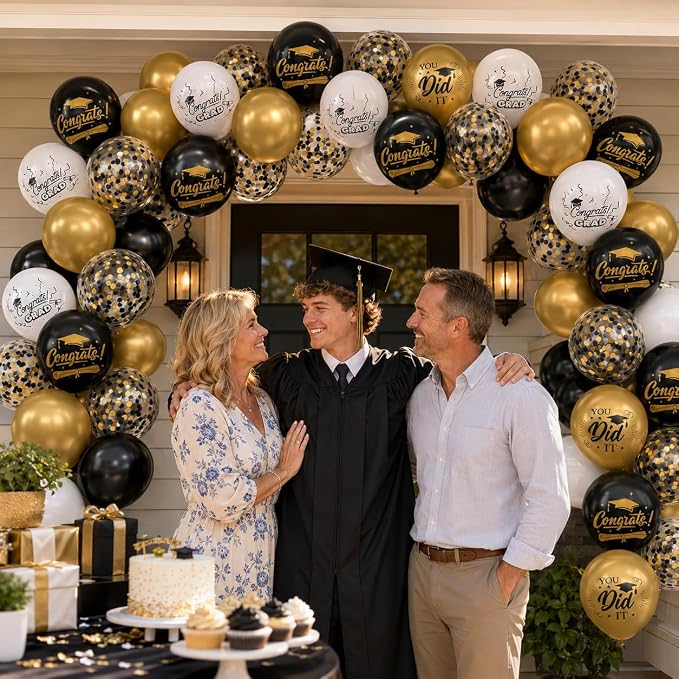 Paready Graduation Balloons Set, 12 Inch Metallic Black Gold White Confetti - Image 5