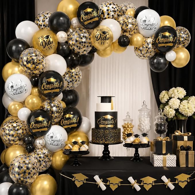 Paready Graduation Balloons Set, 12 Inch Metallic Black Gold White Confetti - Image 4