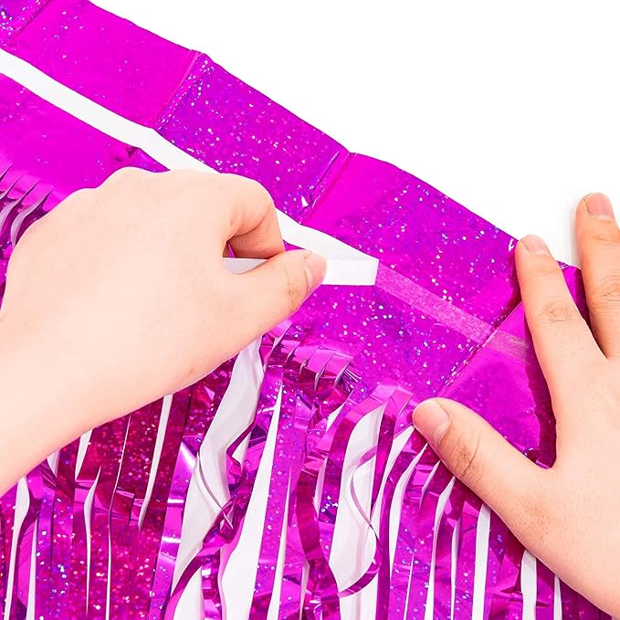 BRAVESHINE Hot Pink Foil Fringe Curtains，Metallic Party Streamers Backdrop | 2 - Image 9