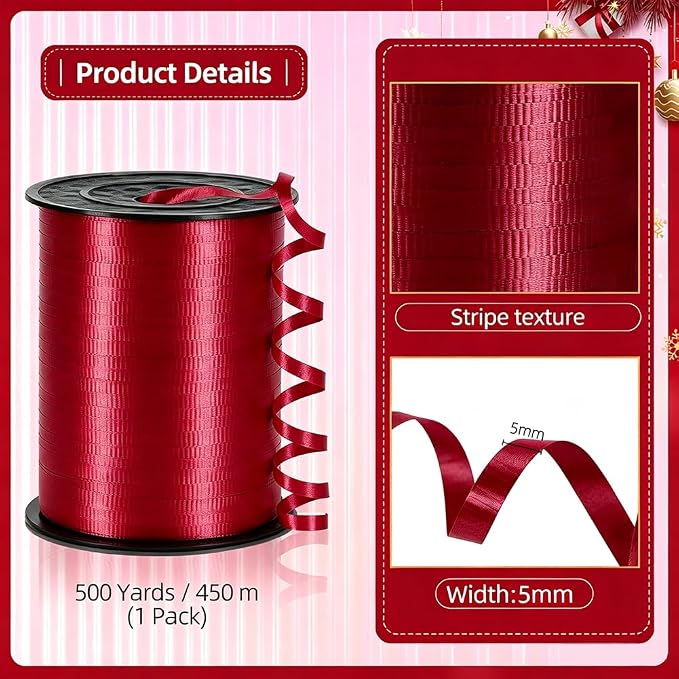 Crimped Red Curling Ribbon, 3/16 inch x 500 Yards Curling Ribbon - Image 2