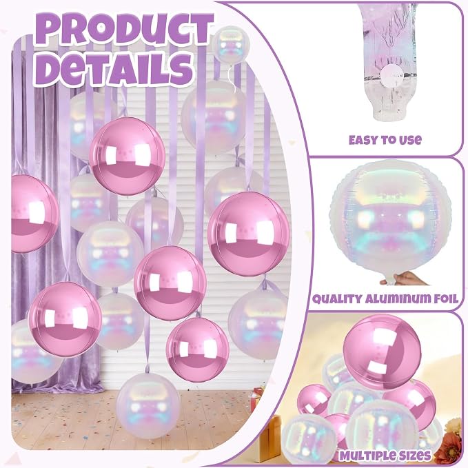 Biapian 12Pcs Pink and Iridescent Round Balloons Foil, Large Pink Bubble - Image 3