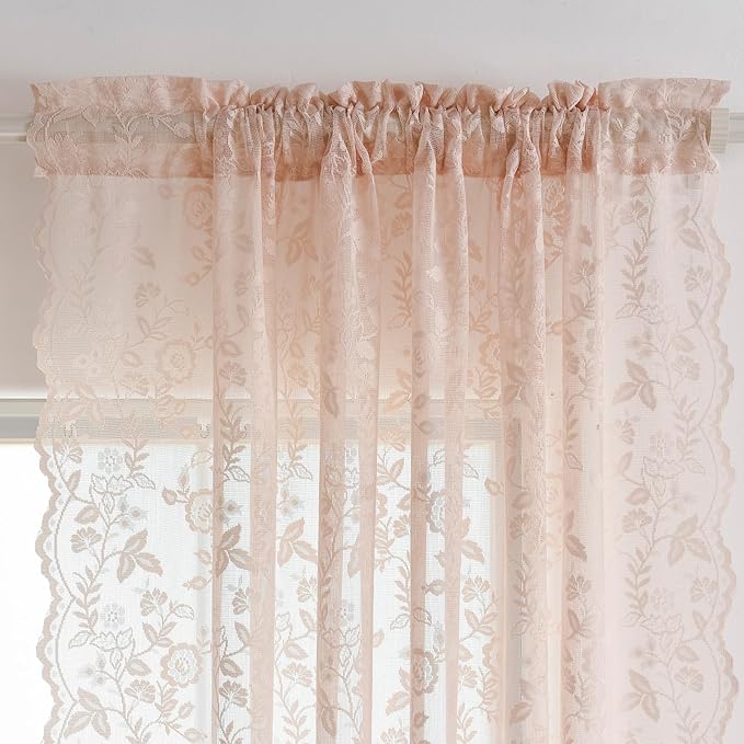Blush Pink Lace Curtains for Bedroom Rustic Floral W42 x L54 Inch 2 Panels | - Image 3