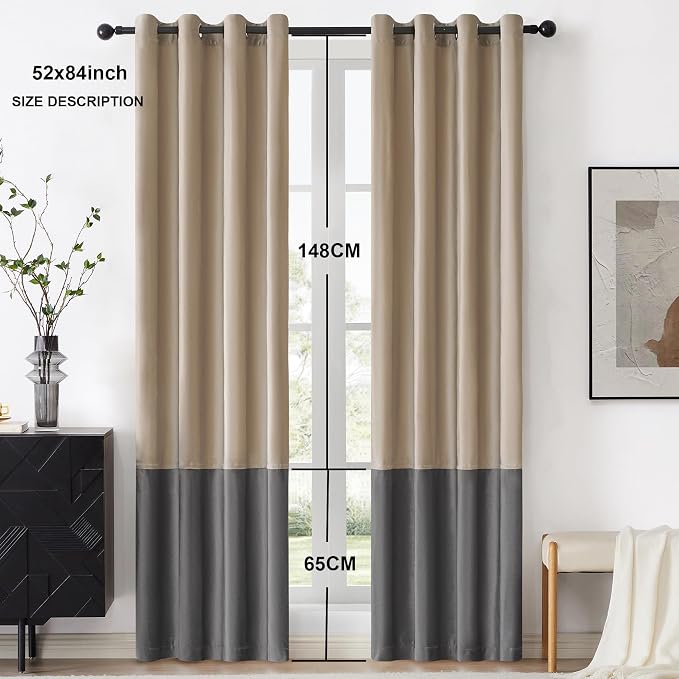 BULBUL Luxury Color Block Velvet Curtains 84 inch Long- Champagne Gray | Modern - Image 6