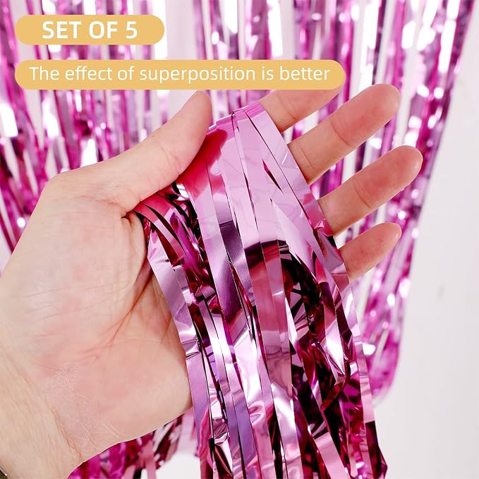 5 Pack Pink Foil Curtain Backdrop 3.2ft x 9.8ft Metallic Tinsel Foil Fringe - Image 2