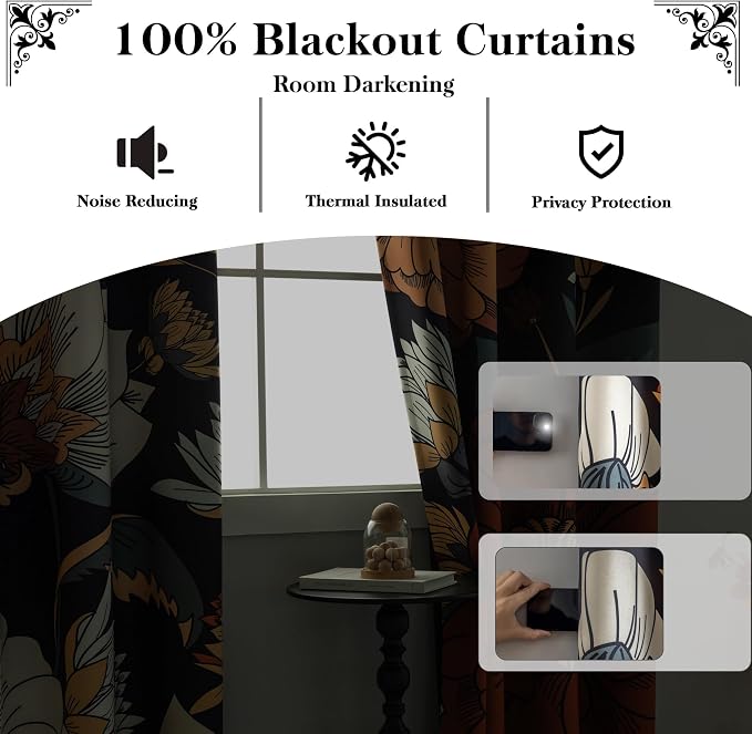 Tyrot 100% Blackout Black Boho Floral Curtains 108 Inches Extra Long - Image 2