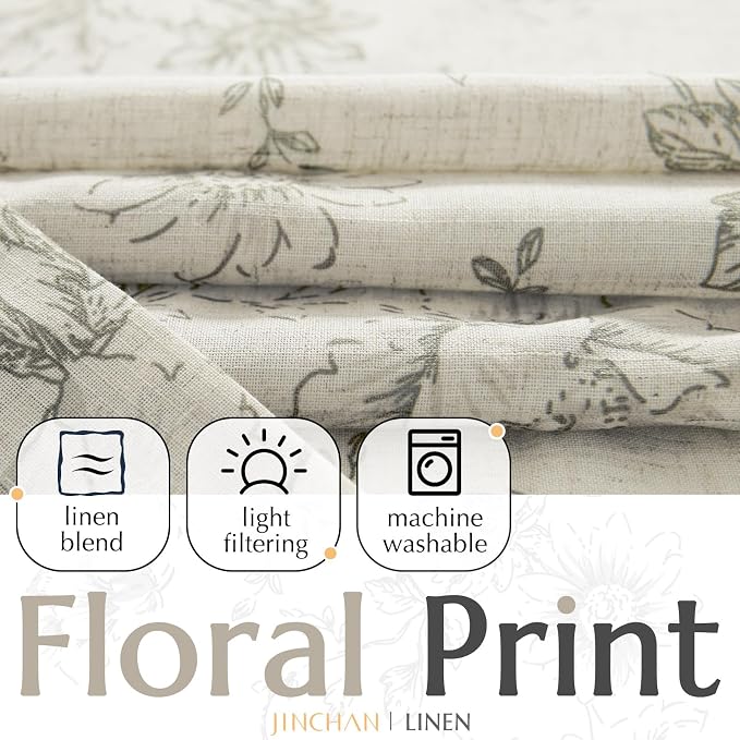jinchan Gray Floral Linen Curtains Lined 96 Inch Vintage Back Tab 2 Panels | - Image 2