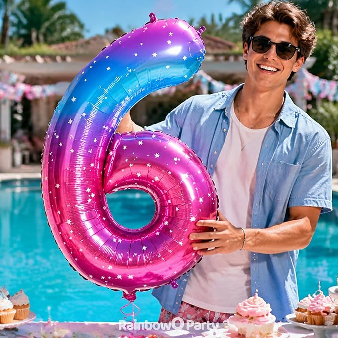 RainbowQ Blue Pink 6 Balloon Number 40 Inch Big 0-10 Foil Large Balloon | - Image 5