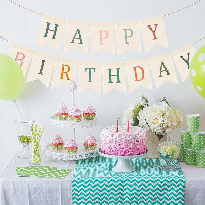 Doumeny Happy Birthday Burlap Banner Boho Birthday Garland Bunting Sage Green - Image 4