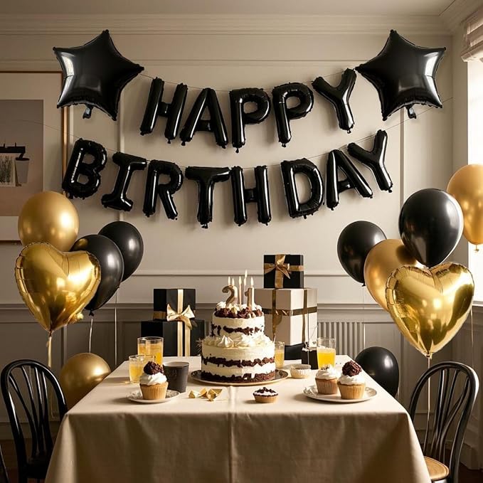 27 Pcs Black Gold Birthday Decorations, 3D Letters Black Happy Birthday Balloon - Image 5