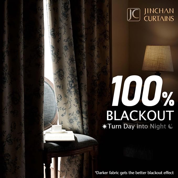 jinchan Blue Floral Linen Blackout Curtains Lined 63 Inch Back Tab 2 Panels | - Image 2