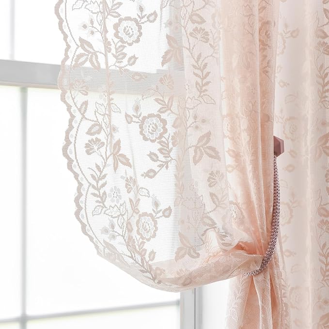 Blush Pink Lace Curtains for Bedroom Rustic Floral W42 x L54 Inch 2 Panels | - Image 5