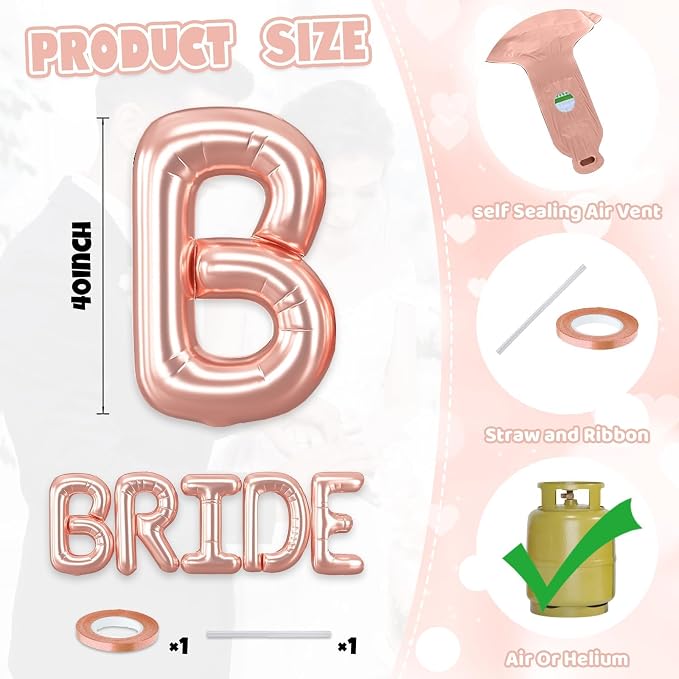 40 Inch BRIDE Balloons Bachelorette Party Decorations, Rose Gold Bride Letter - Image 2