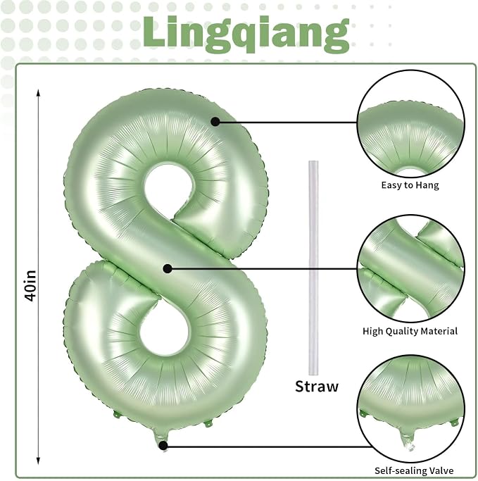Sage Green Balloon Number 8, 40 Inch Large Self Inflating Foil Number Balloons - Image 2