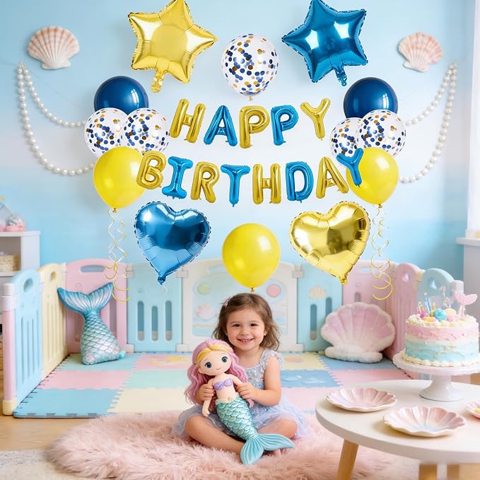 27 Pcs Gold Blue Birthday Decorations, 3D Letters Yellow Blue Happy Birthday - Image 6